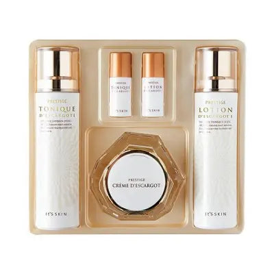 IT'S SKIN IT’S SKIN Prestige D'escargot Special Set Prestige Tonique D'escargotⅠ140ml+Prestige Lotion D'escargotⅠ140ml+Prestige Creme D'escargot 60ml+Gift(ToniqueⅠ15ml+Prestige Lotion D'escargotⅠ15ml) 1Box (1ea)